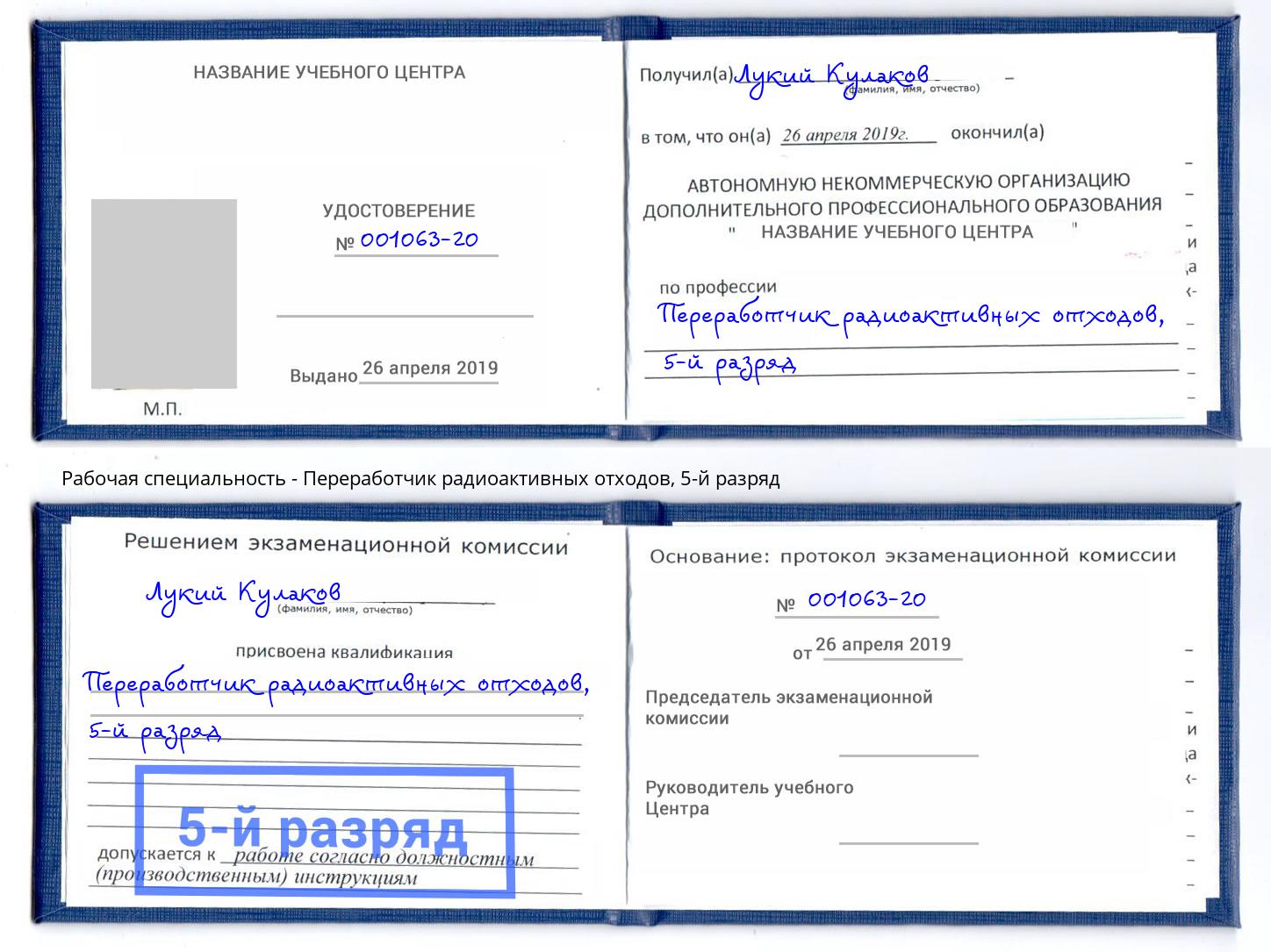 корочка 5-й разряд Переработчик радиоактивных отходов Бор