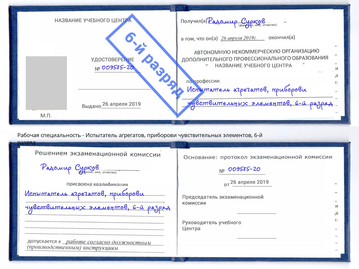 корочка 6-й разряд Испытатель агрегатов, приборови чувствительных элементов Бор