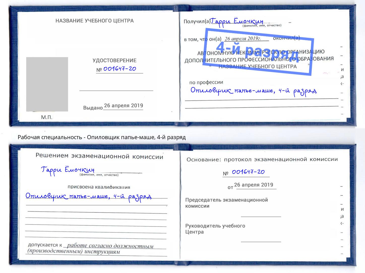 корочка 4-й разряд Опиловщик папье-маше Бор