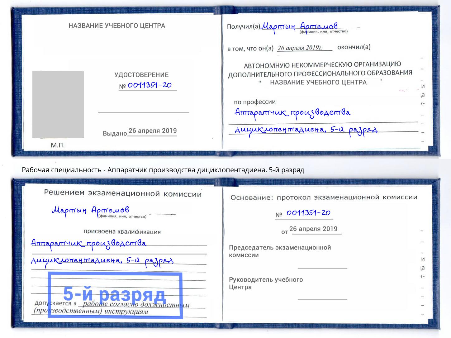 корочка 5-й разряд Аппаратчик производства дициклопентадиена Бор