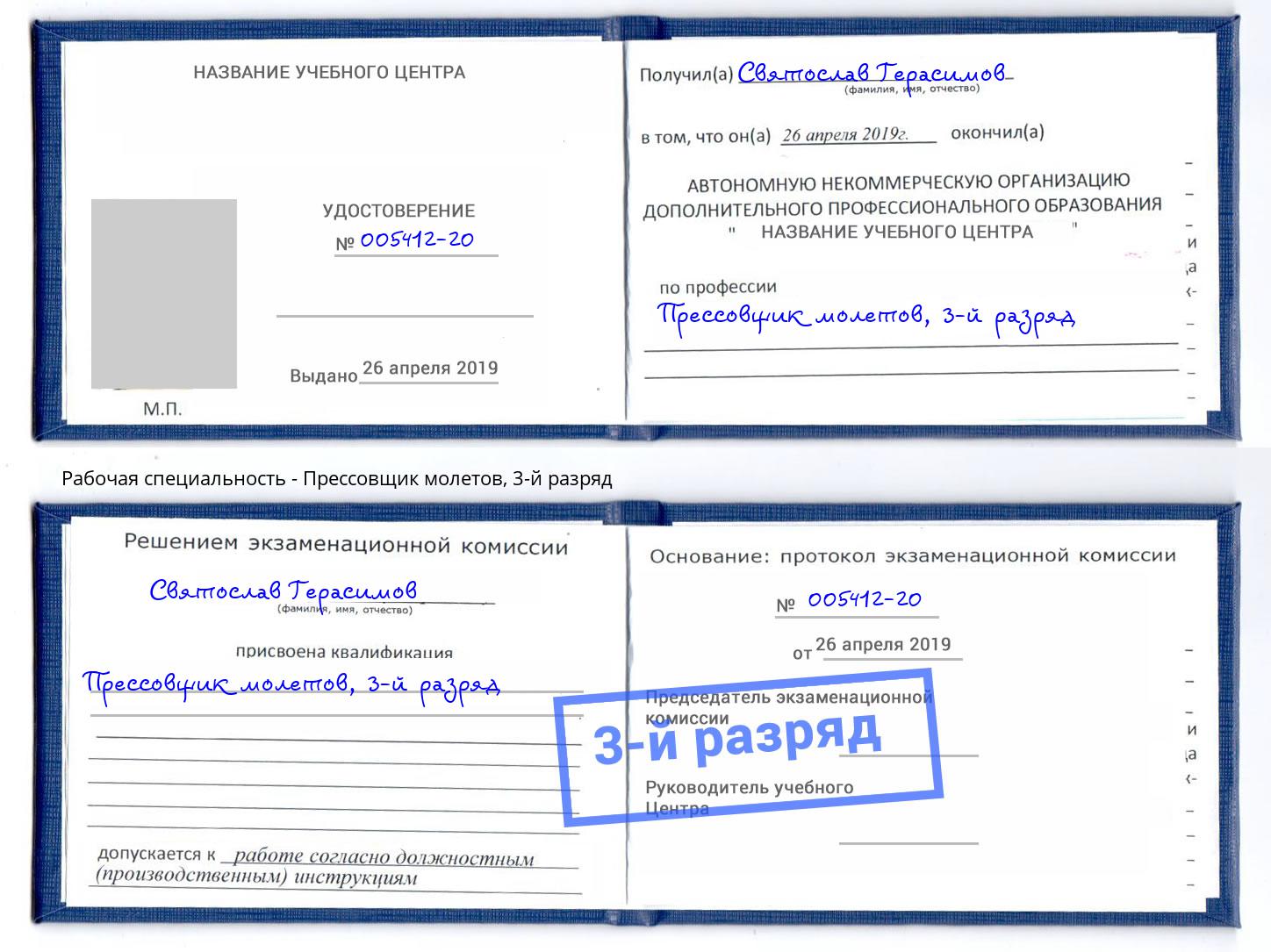 корочка 3-й разряд Прессовщик молетов Бор