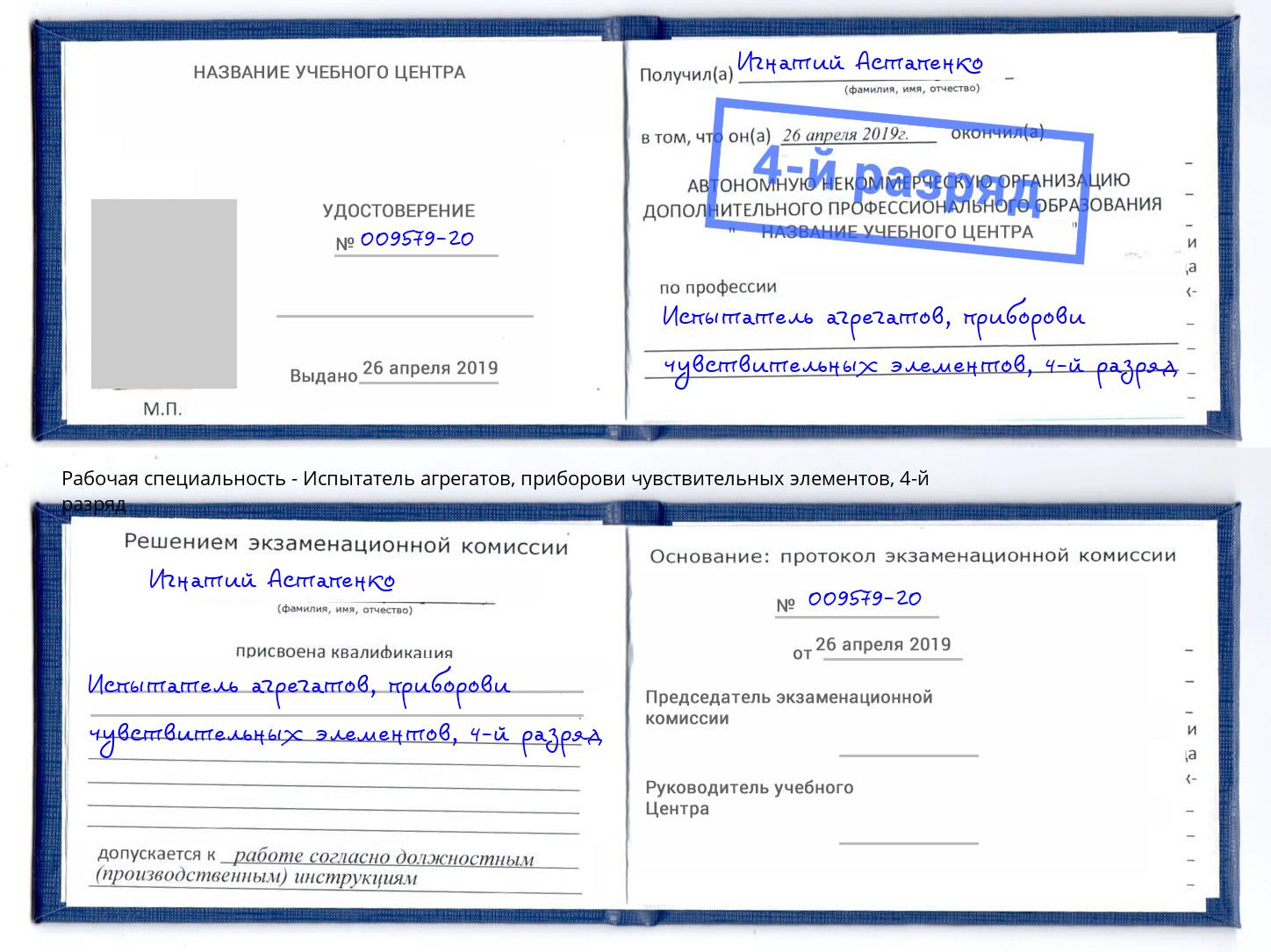 корочка 4-й разряд Испытатель агрегатов, приборови чувствительных элементов Бор