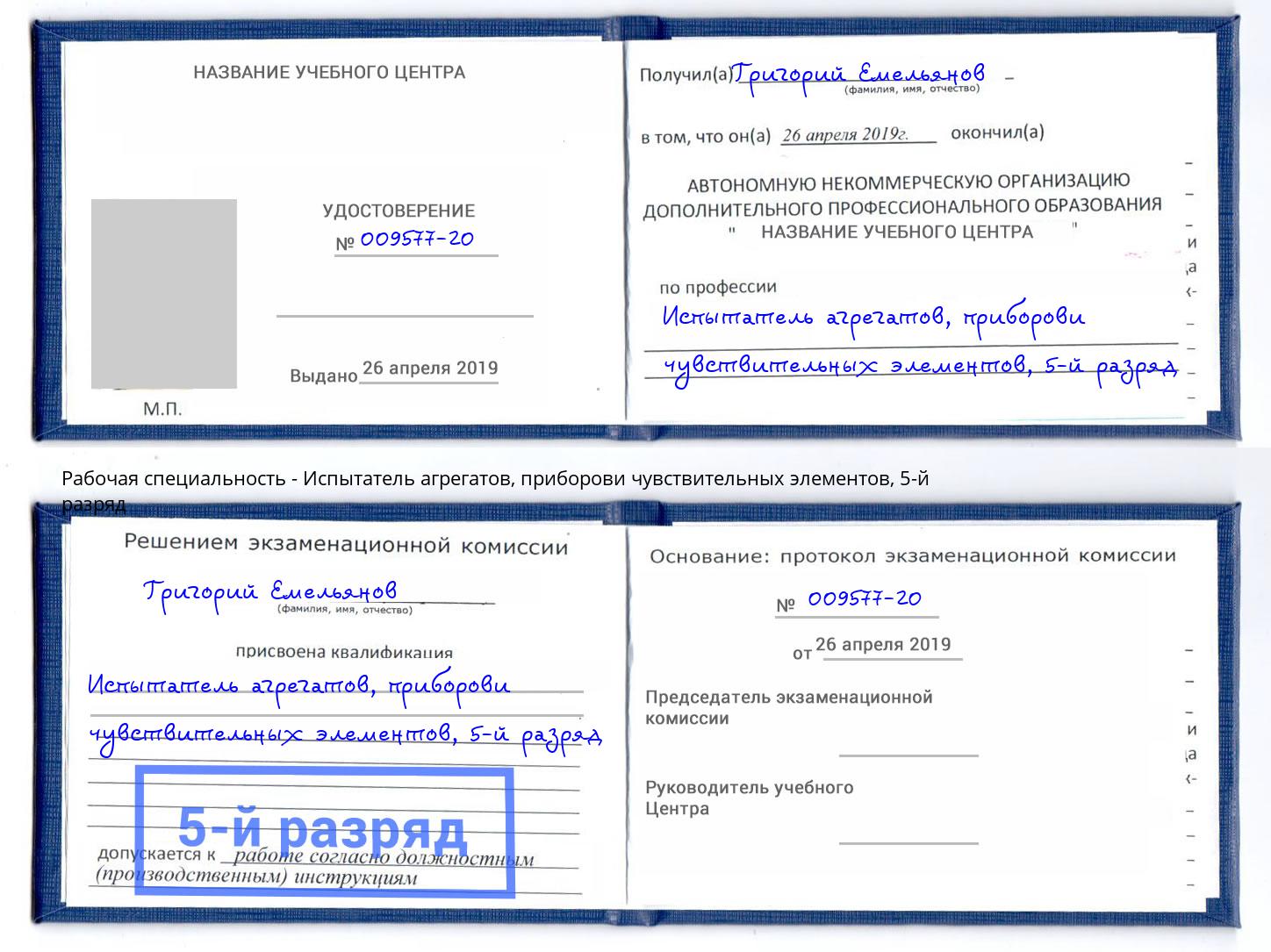 корочка 5-й разряд Испытатель агрегатов, приборови чувствительных элементов Бор