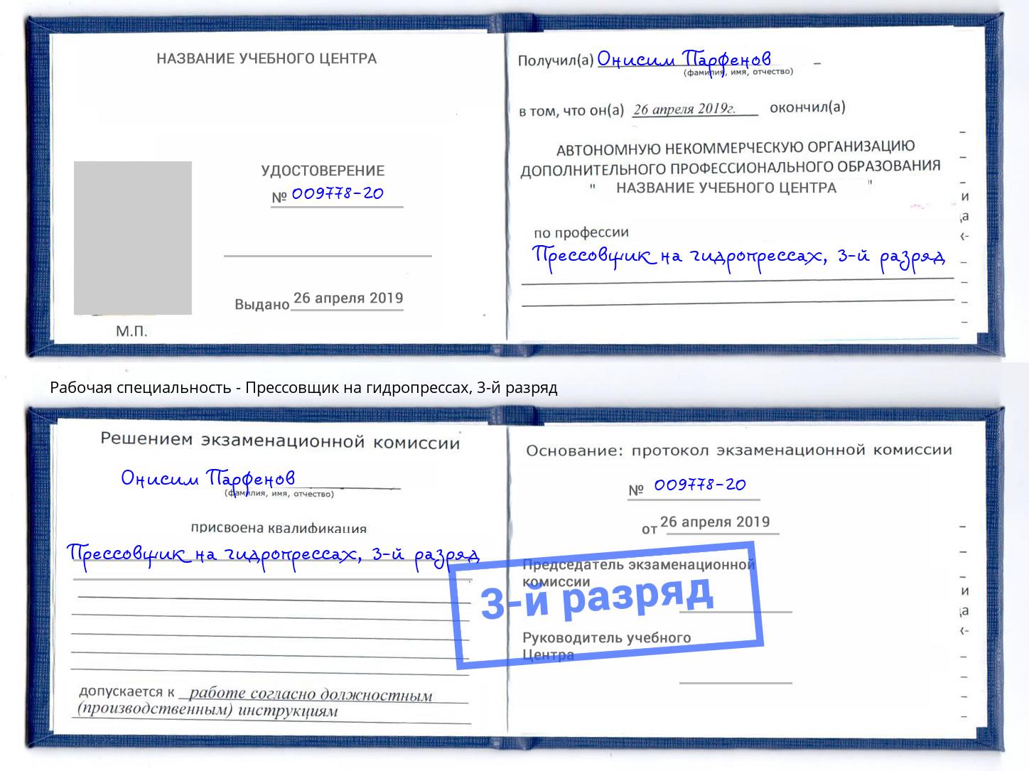 корочка 3-й разряд Прессовщик на гидропрессах Бор