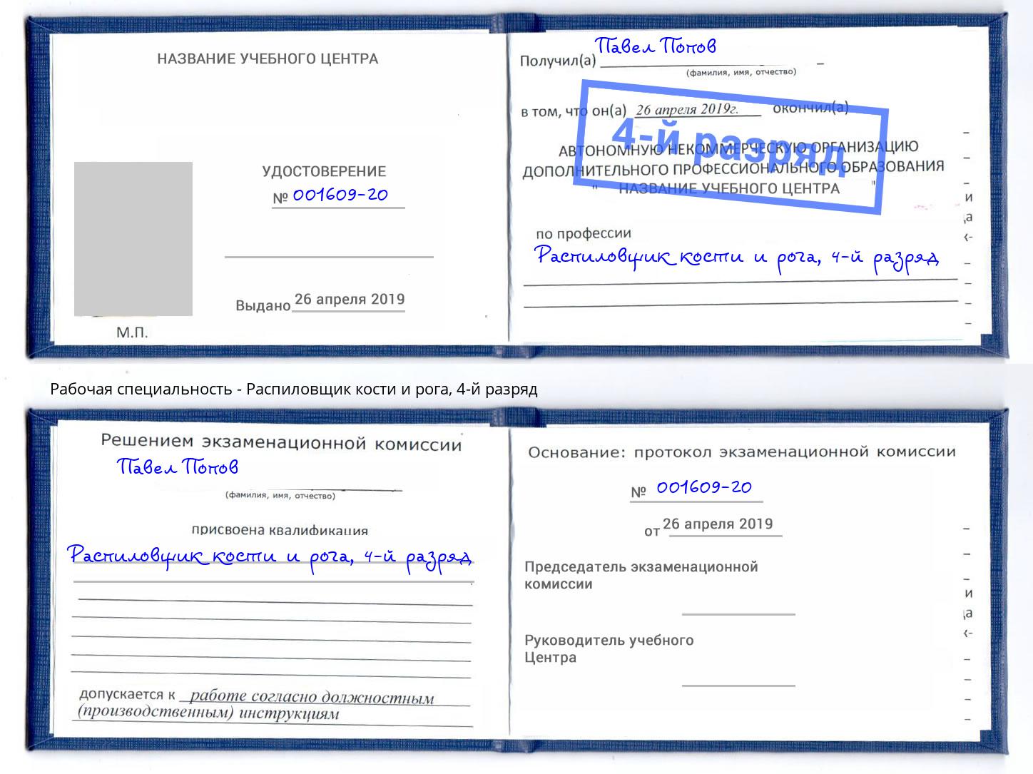 корочка 4-й разряд Распиловщик кости и рога Бор