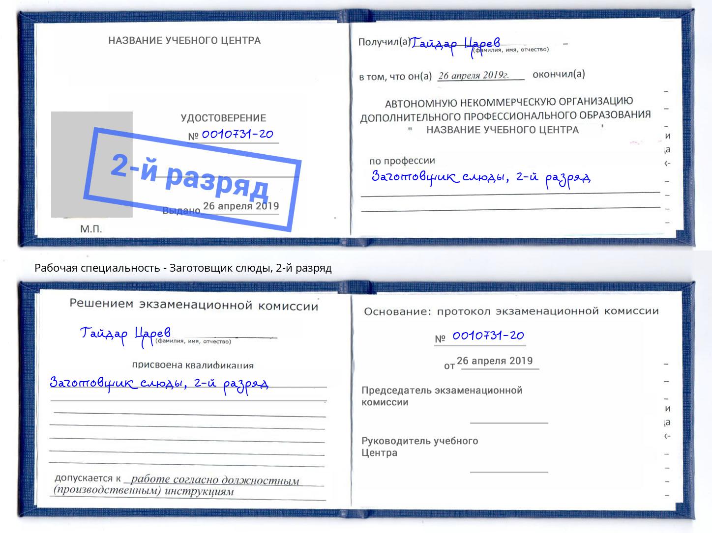 корочка 2-й разряд Заготовщик слюды Бор