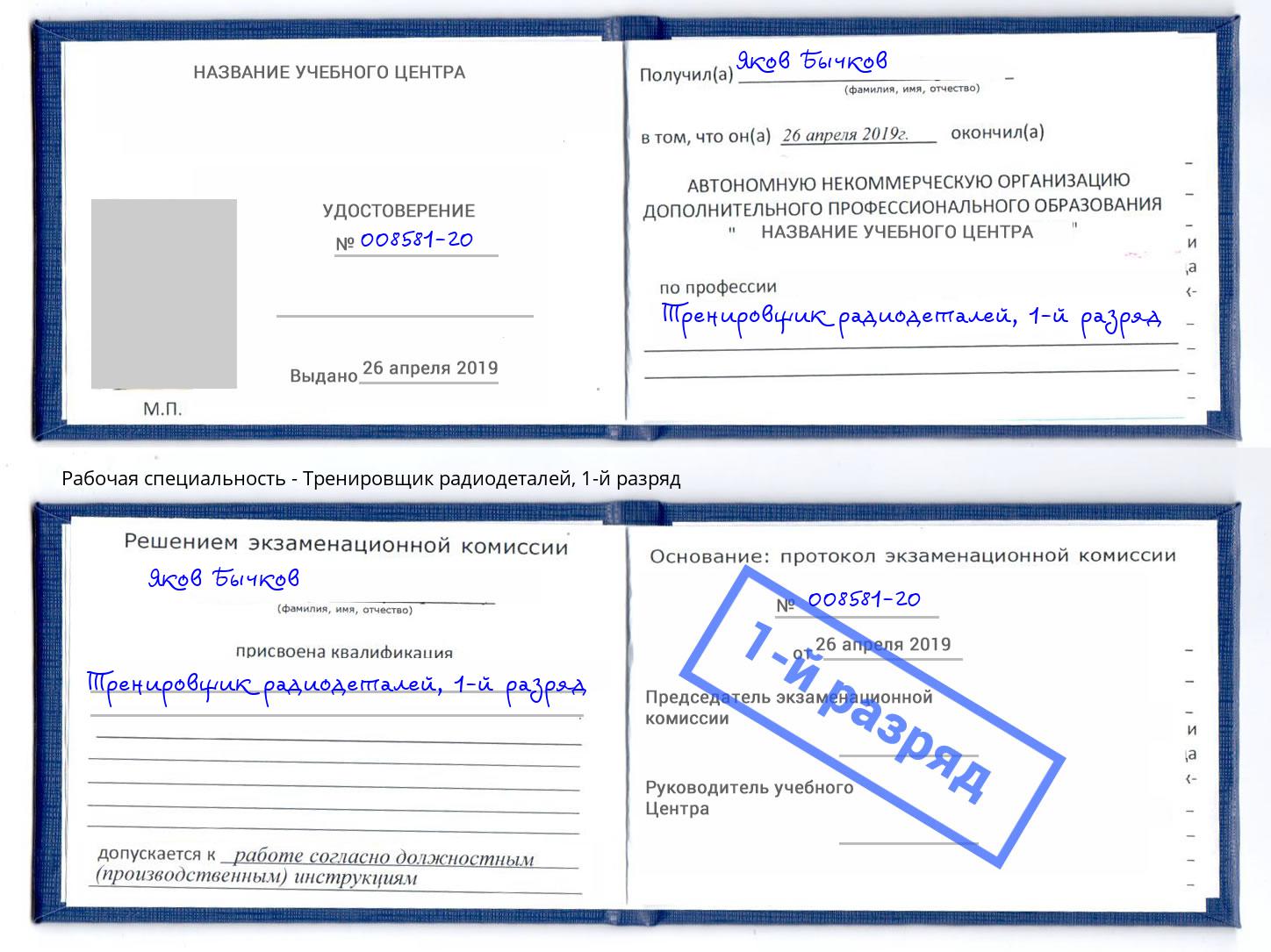 корочка 1-й разряд Тренировщик радиодеталей Бор