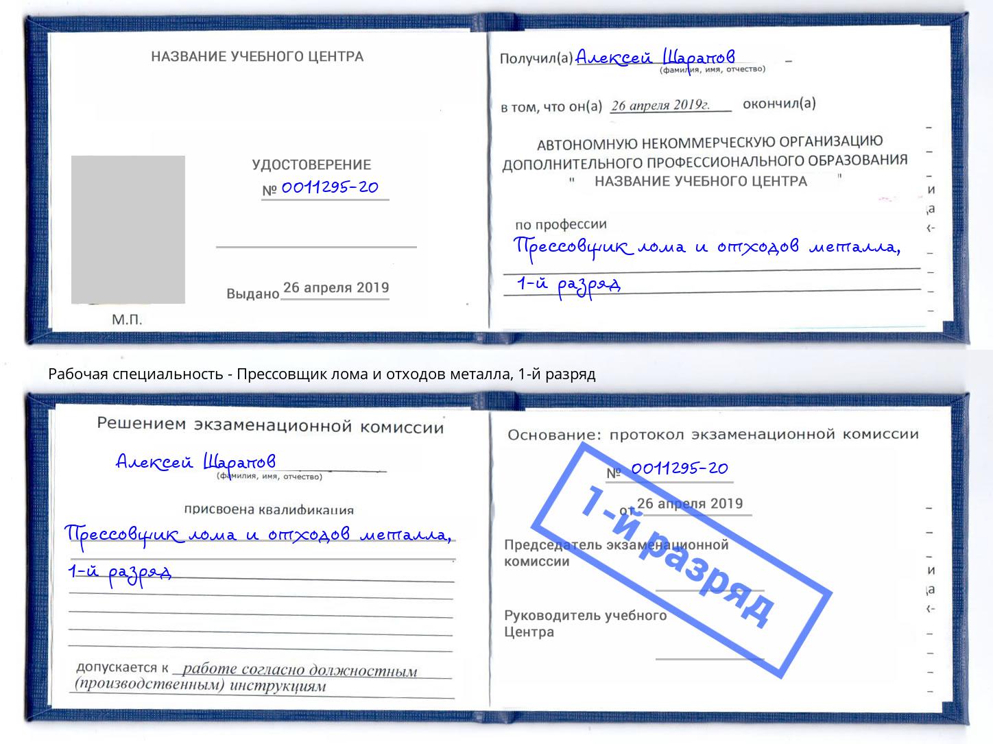 корочка 1-й разряд Прессовщик лома и отходов металла Бор