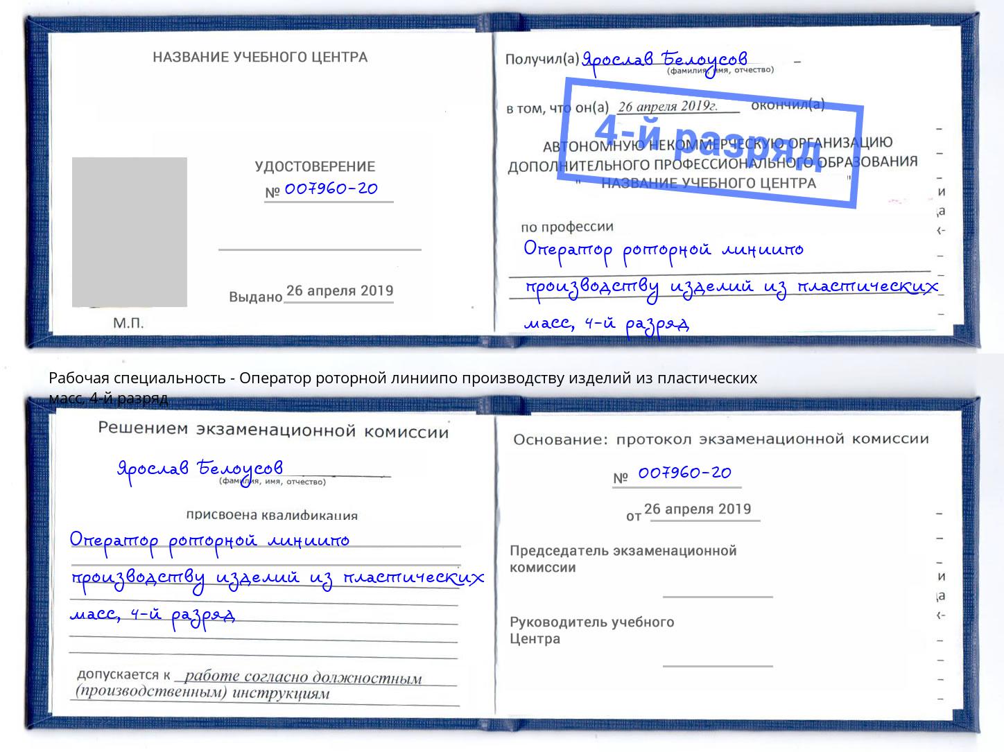 корочка 4-й разряд Оператор роторной линиипо производству изделий из пластических масс Бор