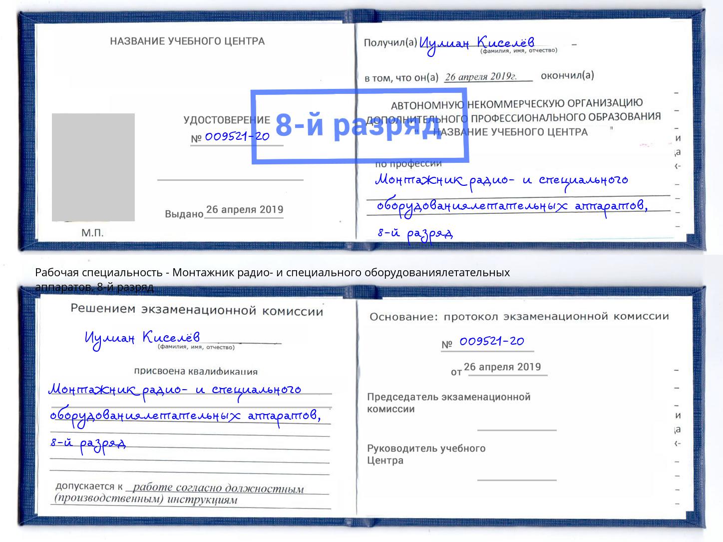 корочка 8-й разряд Монтажник радио- и специального оборудованиялетательных аппаратов Бор