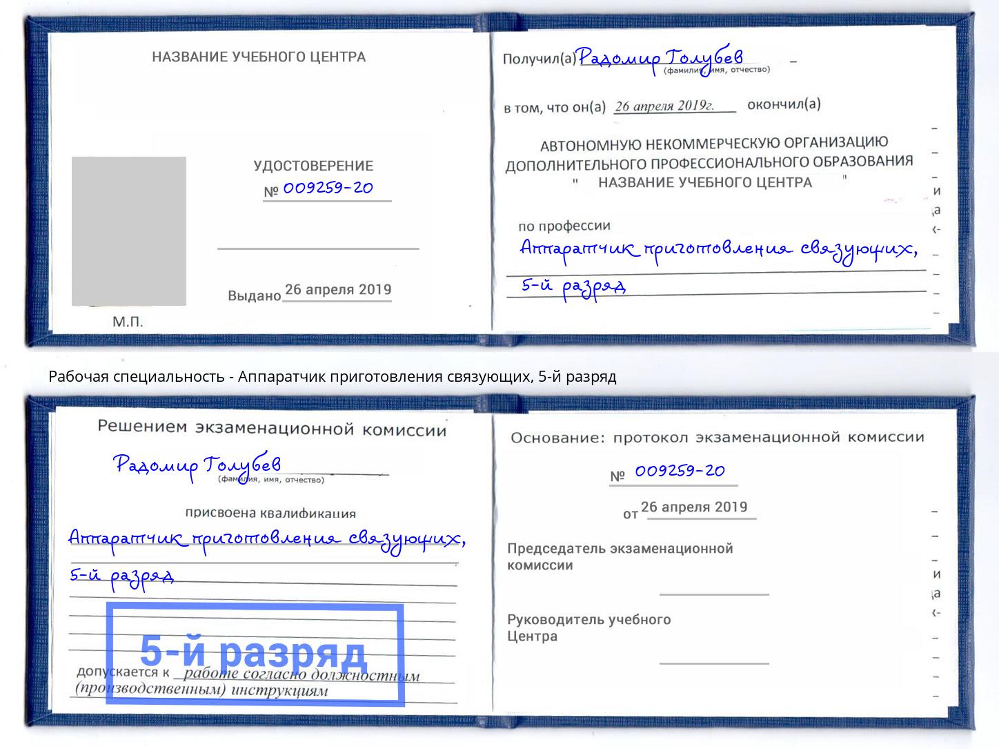 корочка 5-й разряд Аппаратчик приготовления связующих Бор