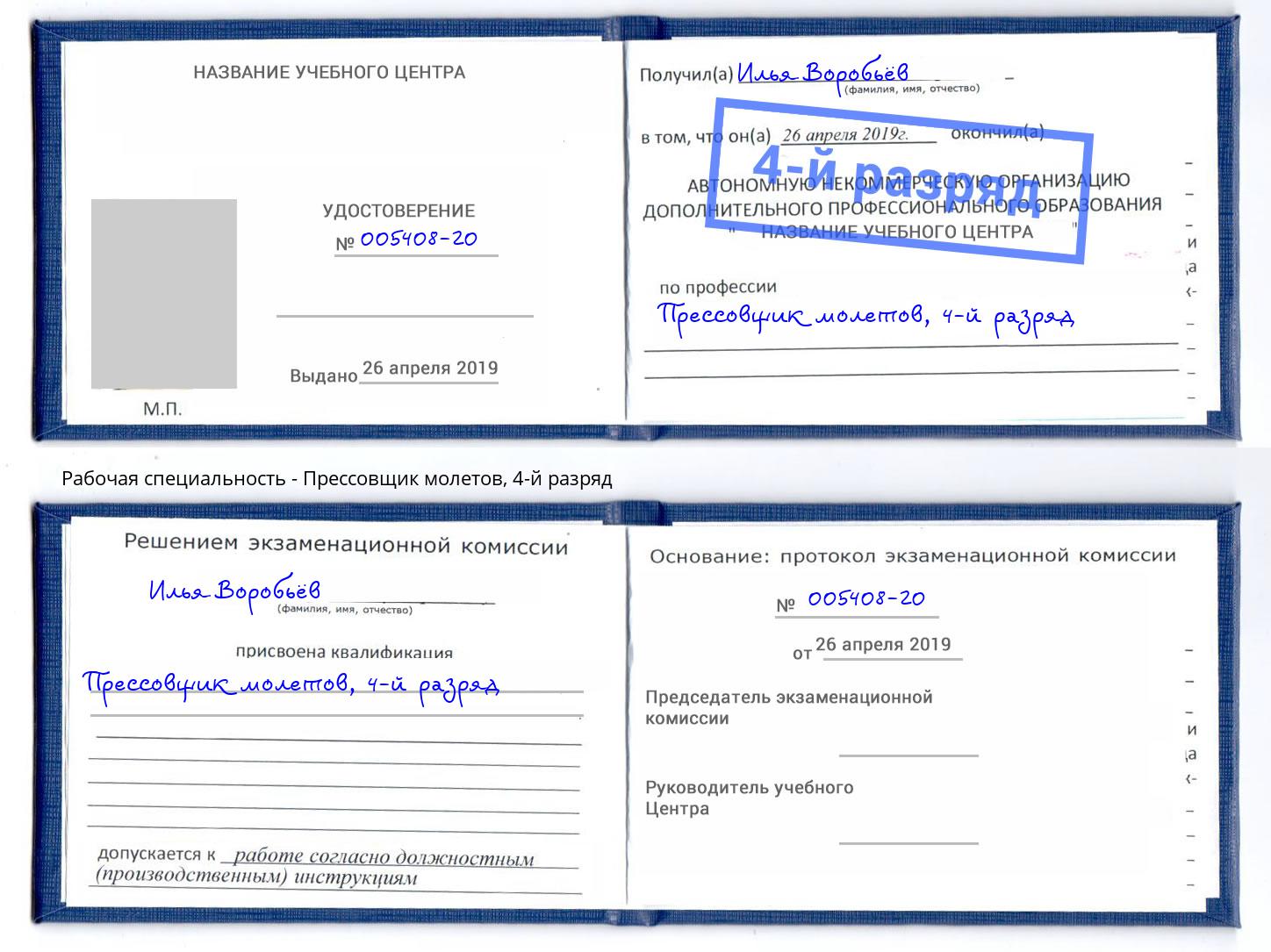 корочка 4-й разряд Прессовщик молетов Бор