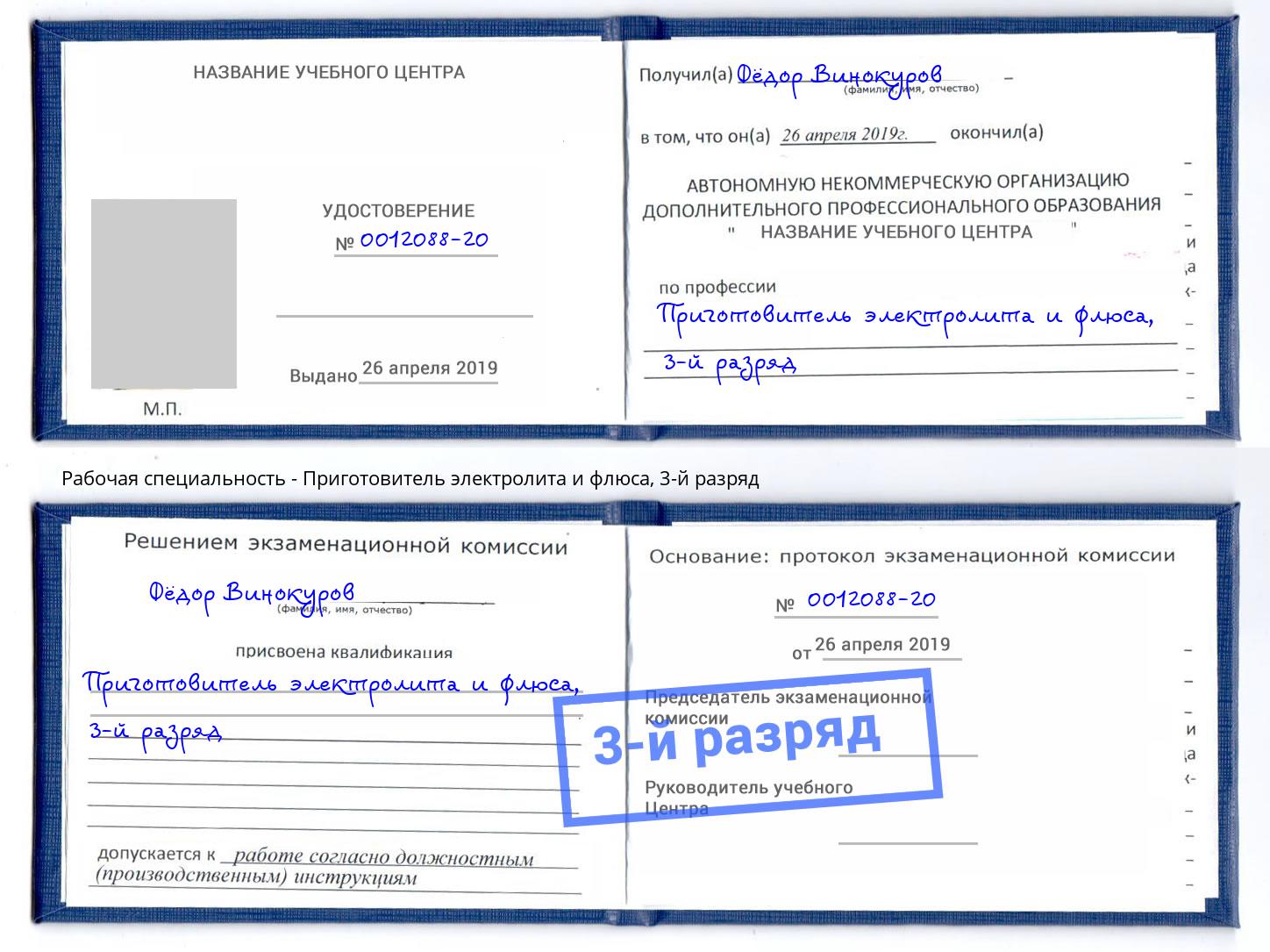 корочка 3-й разряд Приготовитель электролита и флюса Бор
