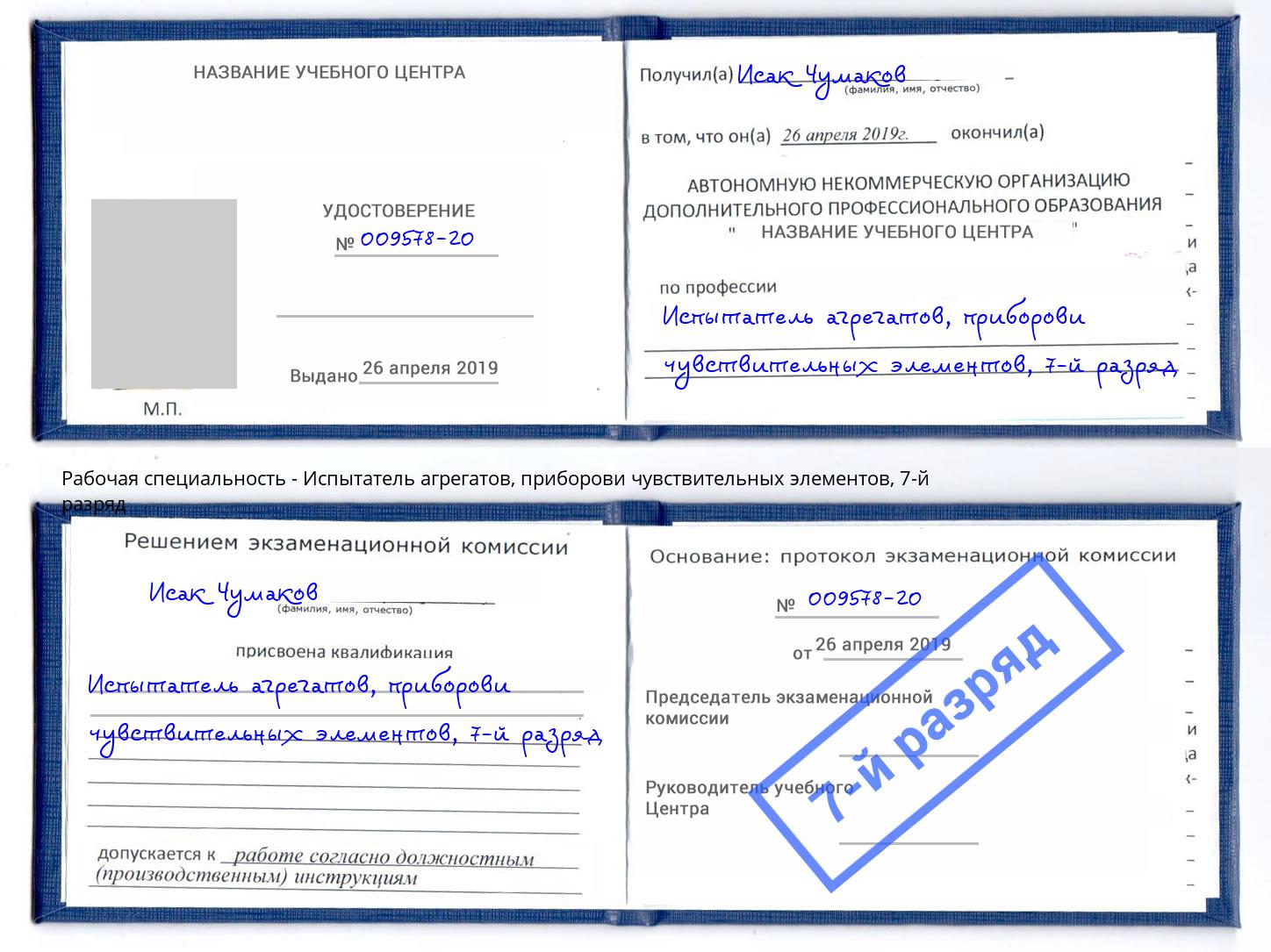 корочка 7-й разряд Испытатель агрегатов, приборови чувствительных элементов Бор