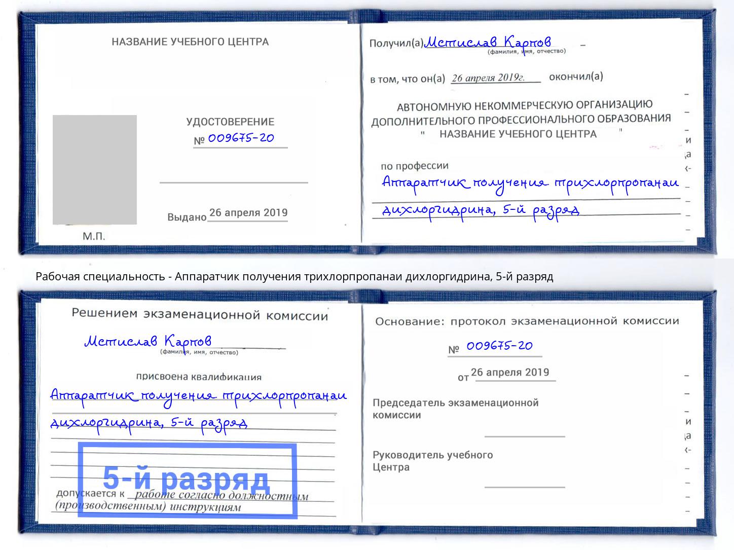 корочка 5-й разряд Аппаратчик получения трихлорпропанаи дихлоргидрина Бор