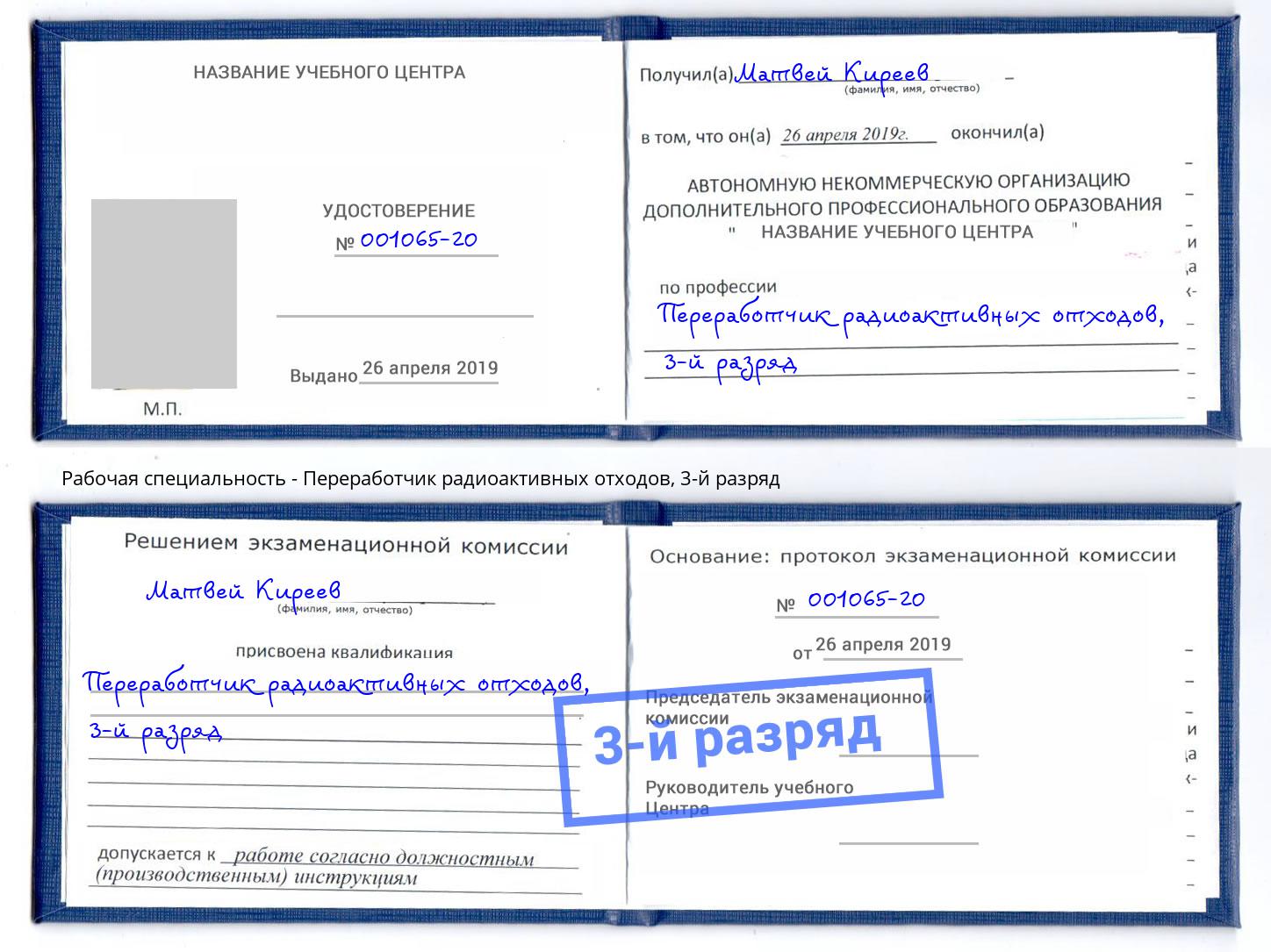 корочка 3-й разряд Переработчик радиоактивных отходов Бор