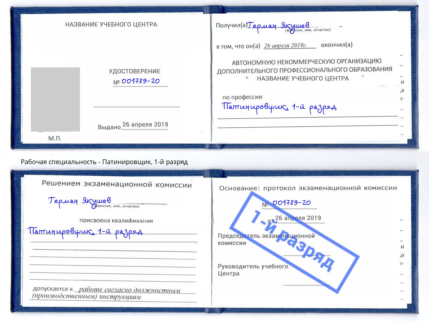 корочка 1-й разряд Патинировщик Бор