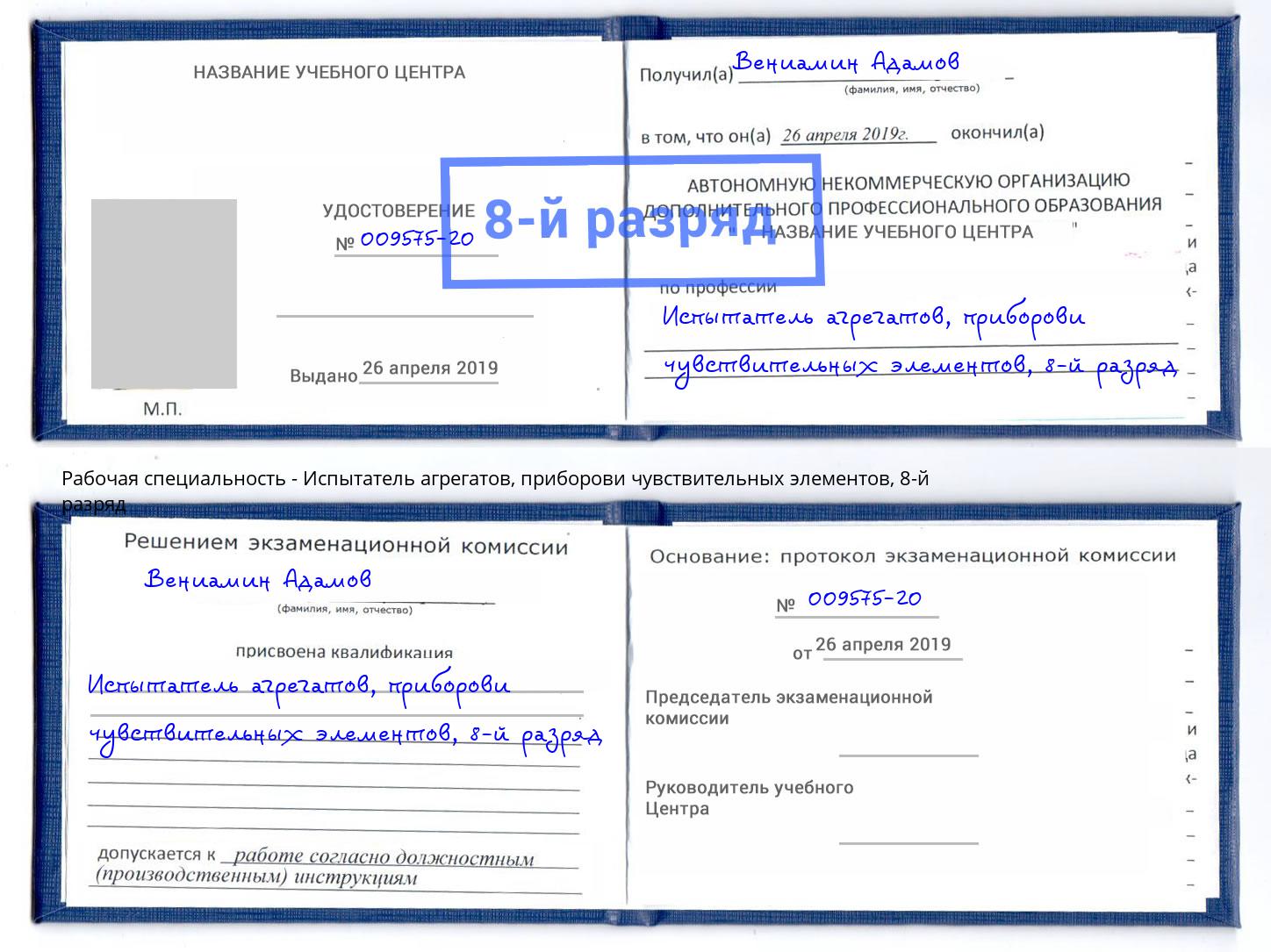 корочка 8-й разряд Испытатель агрегатов, приборови чувствительных элементов Бор
